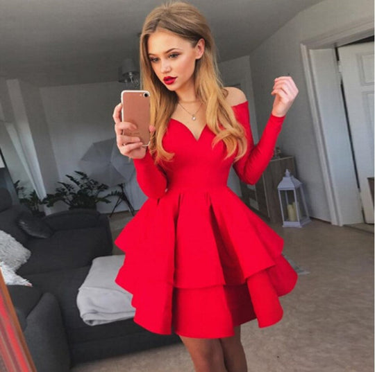 Damen Verspieltes schulterfreies Cocktailkleid mit Volants und tiefem V-Ausschnitt - Arvani