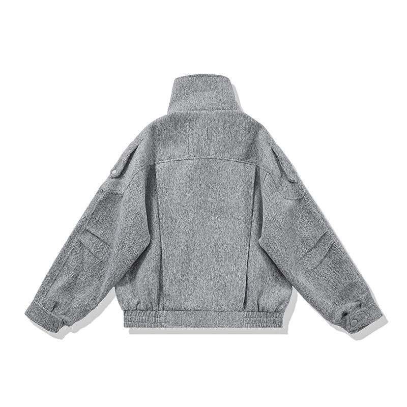 Damen Kurz geschnittene Wollmix-Bikerjacke mit asymmetrischer Front und Taillengürtel Nord Taschen