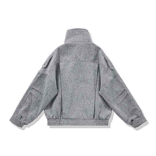 Damen Kurz geschnittene Wollmix-Bikerjacke mit asymmetrischer Front und Taillengürtel Nord Taschen