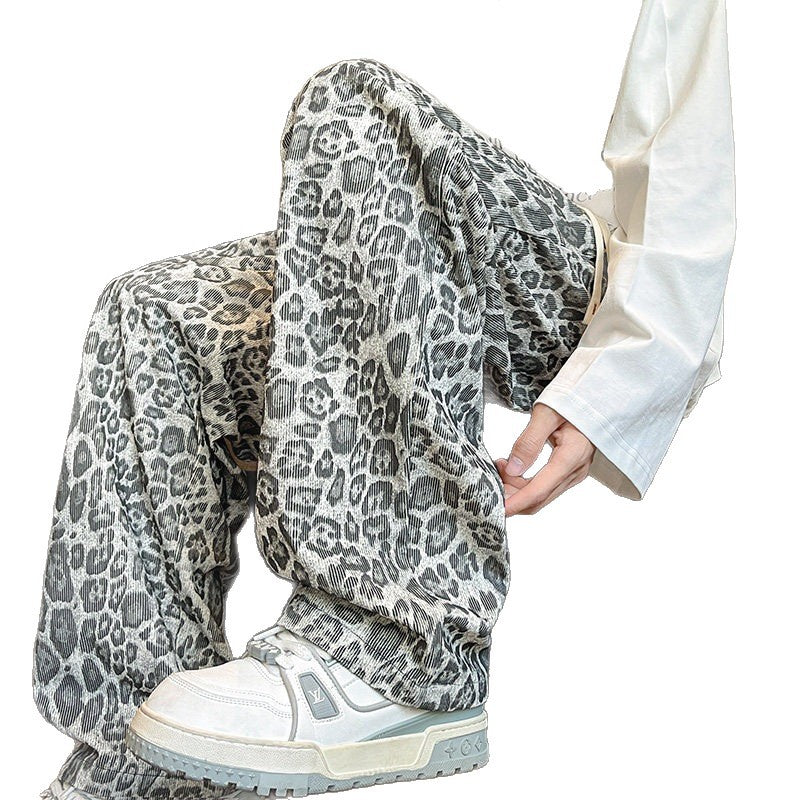 Herren Weit geschnittene Leoprint-Hose aus leichtem Viskose-Mix mit Kordelzug Nord Taschen
