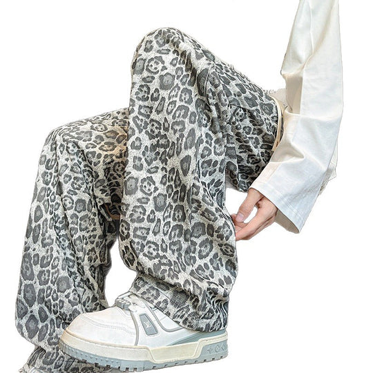 Herren Weit geschnittene Leoprint-Hose aus leichtem Viskose-Mix mit Kordelzug Nord Taschen