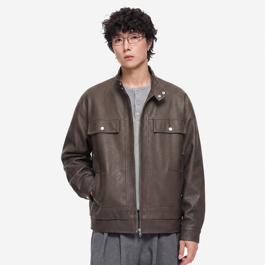 Herren Lederjacke im Fieldstil mit Stehkragen, Brustklappen und Reißverschluss Nord Taschen