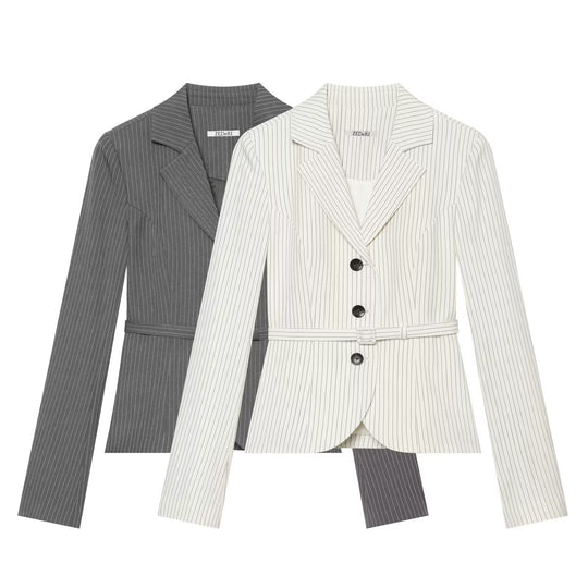 Damen Taillierter Nadelstreifen-Blazer mit Gürtel und Dreiknopfverschluss Nord Taschen