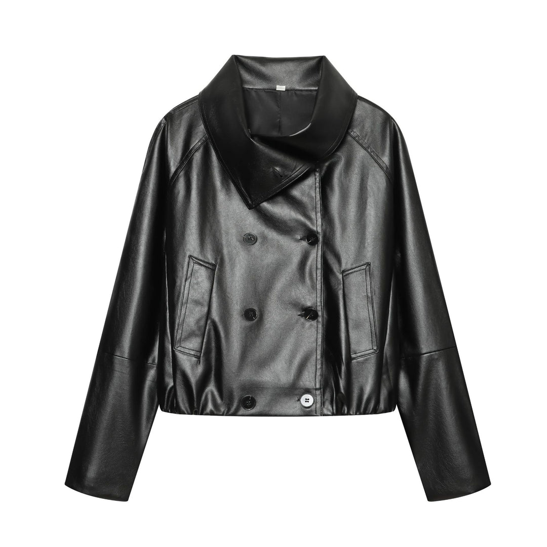 Damen Kurz geschnittener doppelreihiger Kunstlederblouson mit weitem Schalkragen Nord Taschen