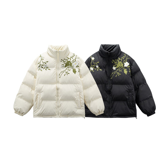 Damen Gepolsterte Oversize-Steppjacke mit Stehkragen und Blumenstickerei Nord Taschen