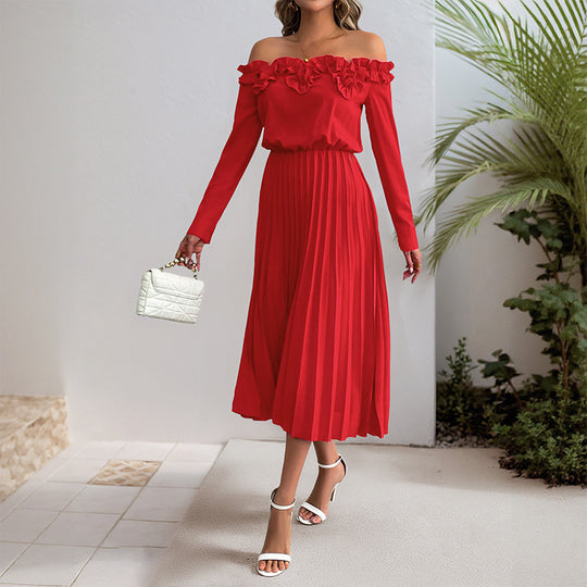 Damen Elegantes Off-Shoulder Plissee Kleid Nord Taschen