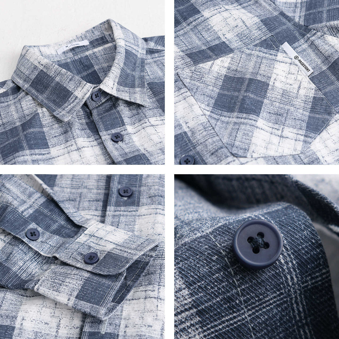 Herren Leichtes kariertes Layering-Overshirt aus Baumwoll‑Leinenmix mit diagonalem Brustpatch Nord Taschen