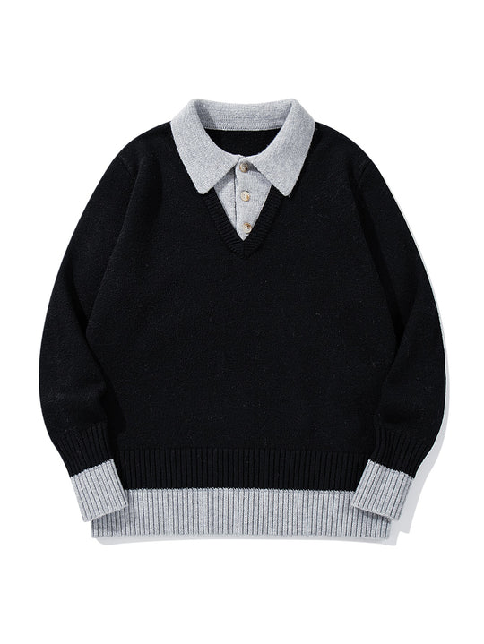 Herren Polokragen-Strickpullover mit Knopfleiste und kontrastierten Bündchen Nord Taschen