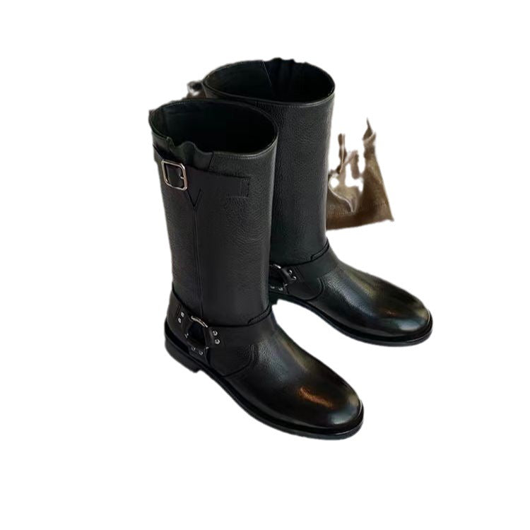 Damen Kniehohe Bikerstiefel aus Leder mit Harness‑Riemen & verstellbarer Schaftschnalle Nord Taschen
