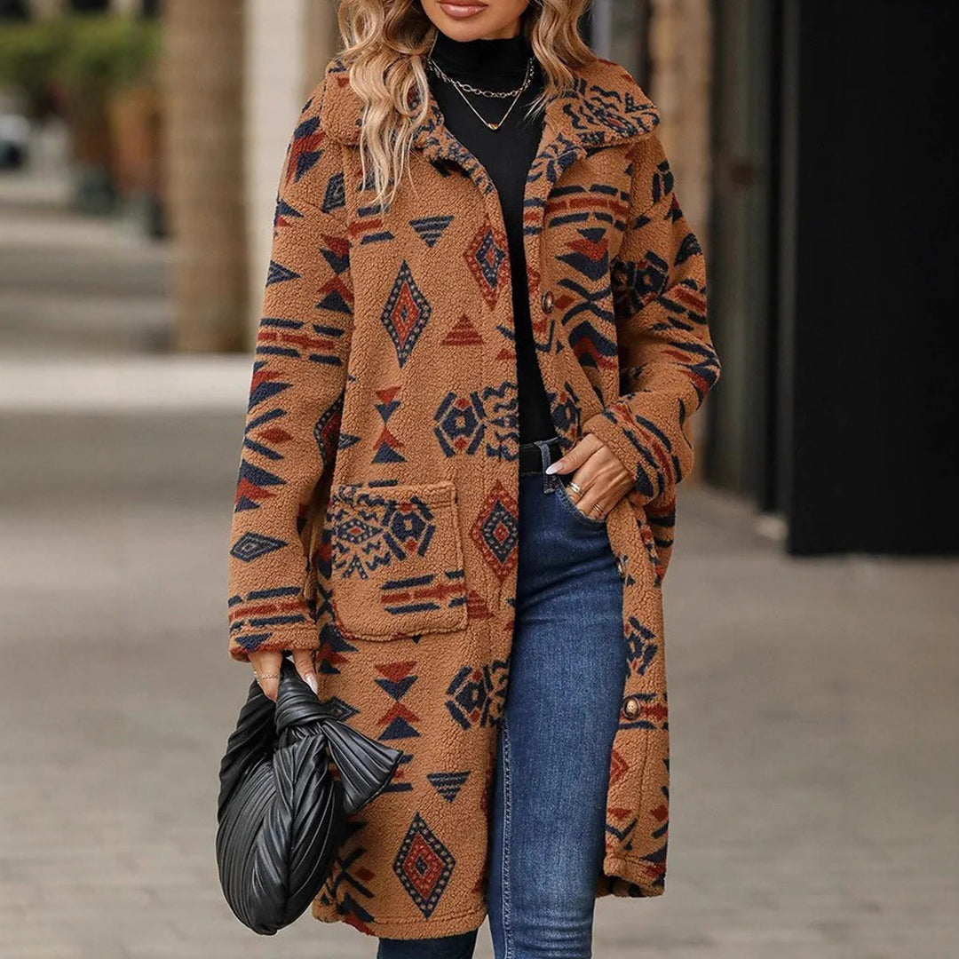 Damen Teddy-Mantel mit Aztekenmuster, Knopfleiste und aufgesetzten Taschen Nord Taschen