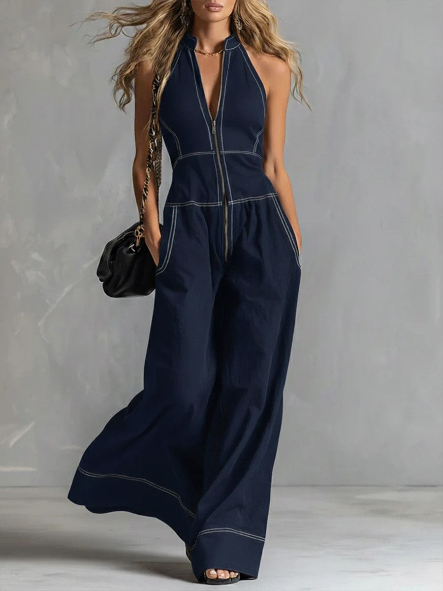 Damen Ärmelloser Halter-Jumpsuit mit Reißverschluss, weitem Bein und Eingrifftaschen Nord Taschen