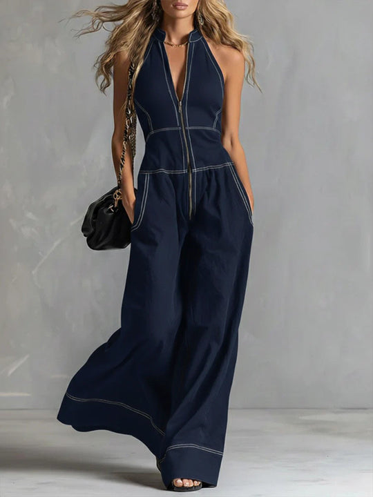 Damen Ärmelloser Halter-Jumpsuit mit Reißverschluss, weitem Bein und Eingrifftaschen Nord Taschen