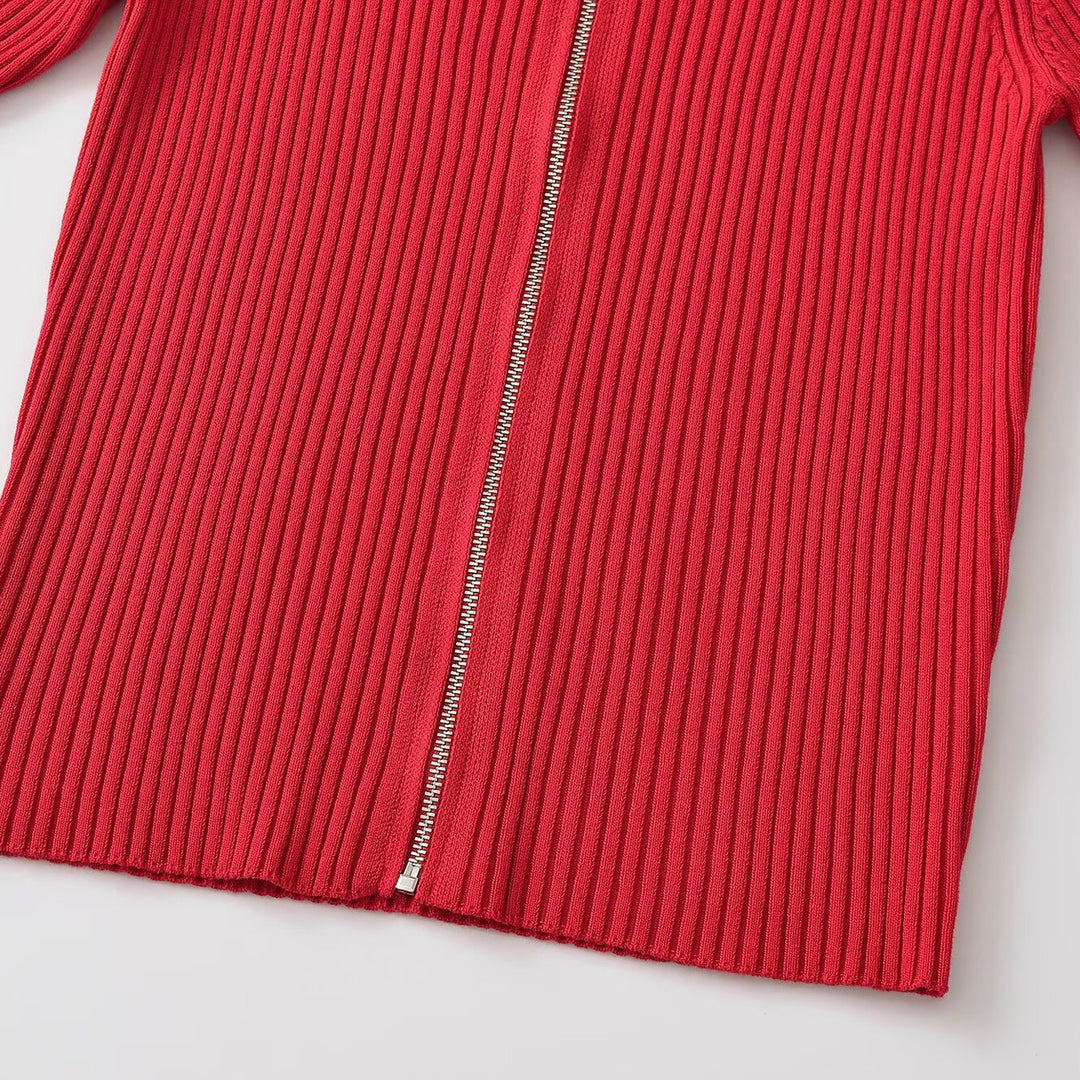 Damen Gerippte kurzärmelige Strickjacke mit durchgehendem Reißverschluss und Polokragen Nord Taschen