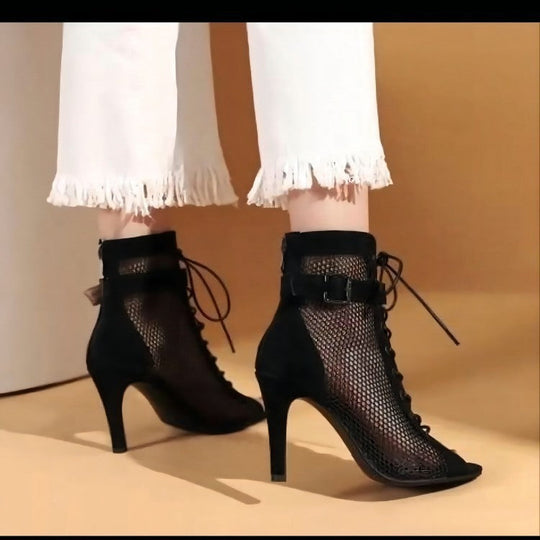 Damen Schnür-Stiletto-Sandalen mit Mesh-Einsatz und eleganter Schnallenverzierung Nord Taschen