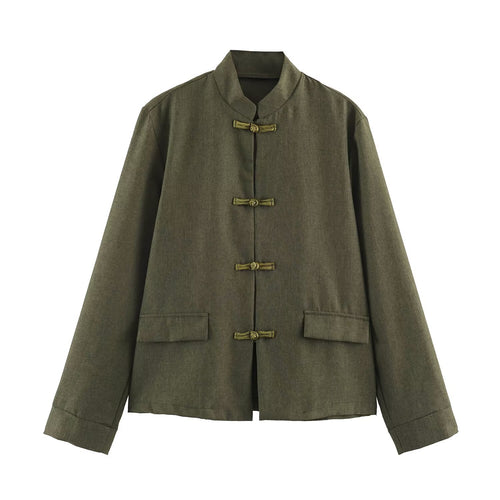 Damen Boxy Leinenblend-Jacke mit Stehkragen und chinesischen Knebelverschlüssen Nord Taschen