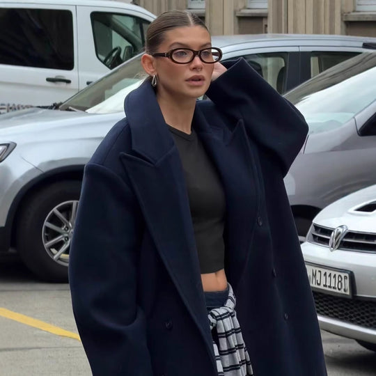 Damen 30+ langer doppeltreihiger Wollmix‑Mantel mit Reverskragen und geradem Schnitt Nord Taschen