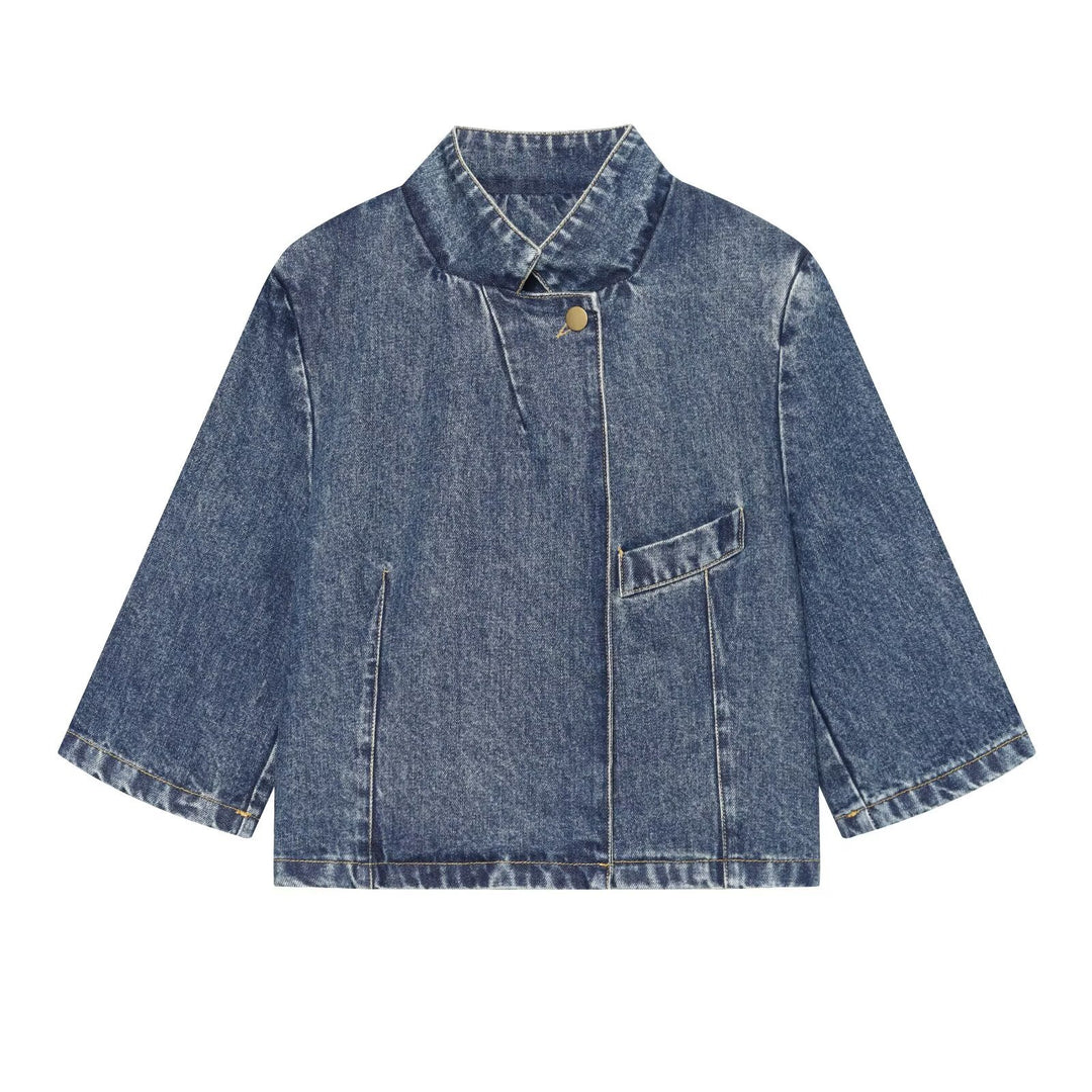 Damen Kurzjacke aus Denim im Boxy-Schnitt mit Stehkragen Nord Taschen