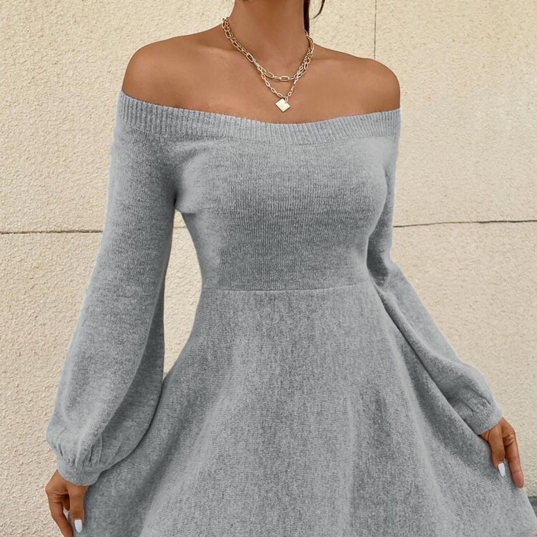 Damen Schulterfreies Feinstrick-Kleid mit taillierter Passform und Ballonärmeln Nord Taschen