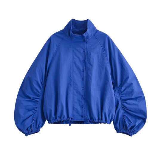 Damen Cropped Blousonjacke mit Stehkragen, voluminösen Ballonärmeln und Tunnelzugsaum Nord Taschen
