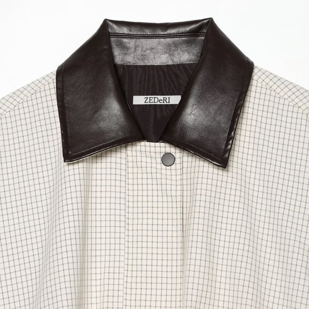 Damen Cropped Blousonjacke im Boxy‑Schnitt mit feinem Karomuster und Kontrast-Kunstlederkragen Nord Taschen
