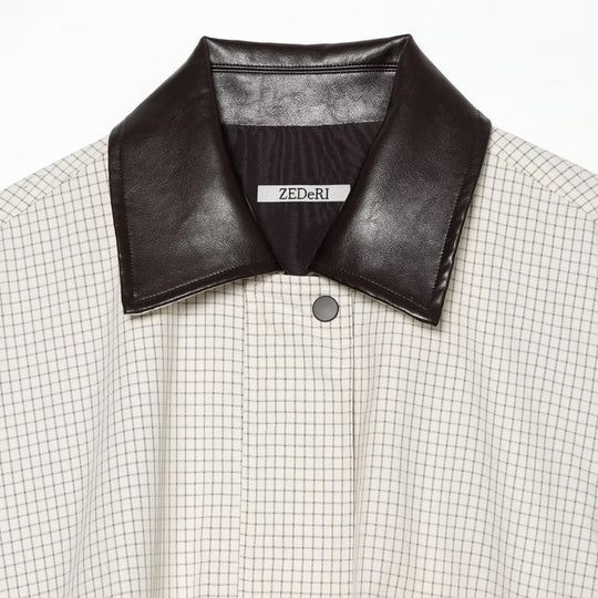 Damen Cropped Blousonjacke im Boxy‑Schnitt mit feinem Karomuster und Kontrast-Kunstlederkragen Nord Taschen