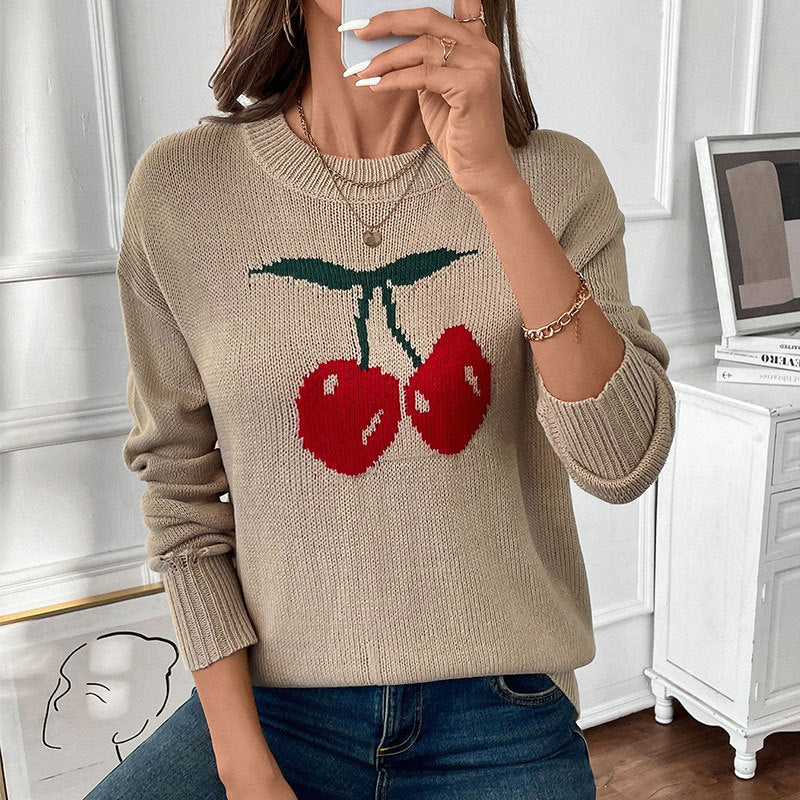 Damen Oversize-Strickpullover mit Kirschen‑Intarsie, leicht Used‑Look und Rundhals Nord Taschen