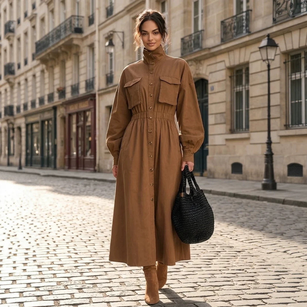 Damen Elegantes Hemdkleid mit Taschen und Taillengürtel Nord Taschen