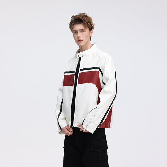 Herren Kontrast-Kunstleder-Bikerjacke mit Stehkragen und Zip-Ärmeln Nord Taschen