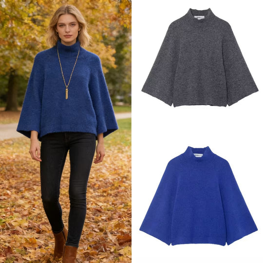 Damen Oversize Strickponcho mit Stehkragen und weitem Swing‑Schnitt Nord Taschen