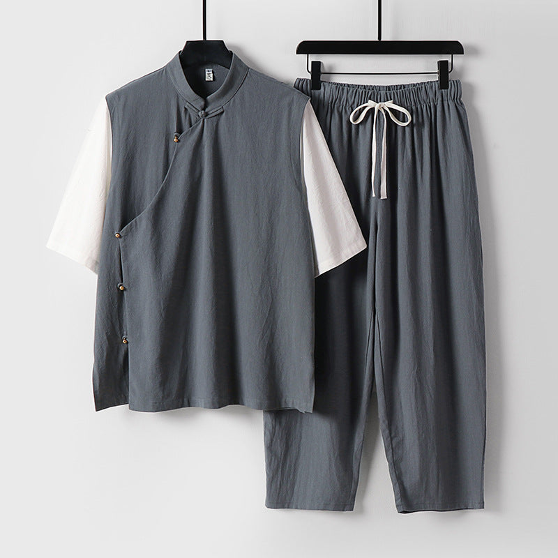 Herren Asymmetrisches Kimono-Loungewear-Set mit Stehkragen und Kordelhose Nord Taschen
