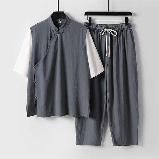 Herren Asymmetrisches Kimono-Loungewear-Set mit Stehkragen und Kordelhose Nord Taschen
