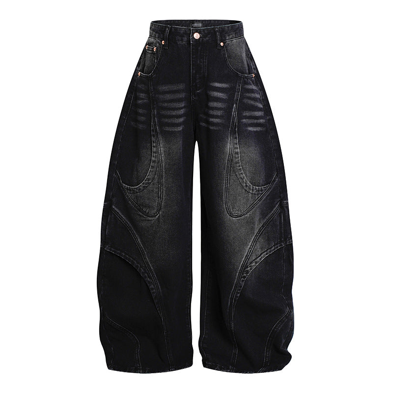 Damen Weite Hochtaillierte Ballon-Jeans mit markanten Panelnähten Nord Taschen
