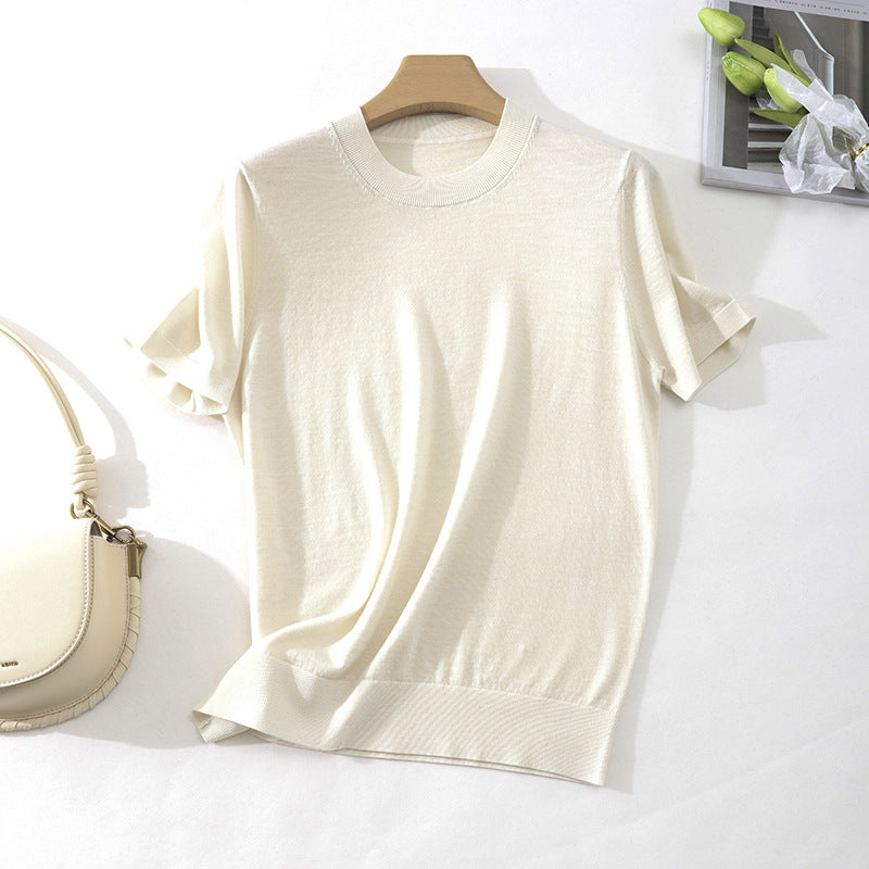 Damen Leichtes Kurzarm-Stricktop aus feinem Jersey mit Rundhals und Saumblende Nord Taschen