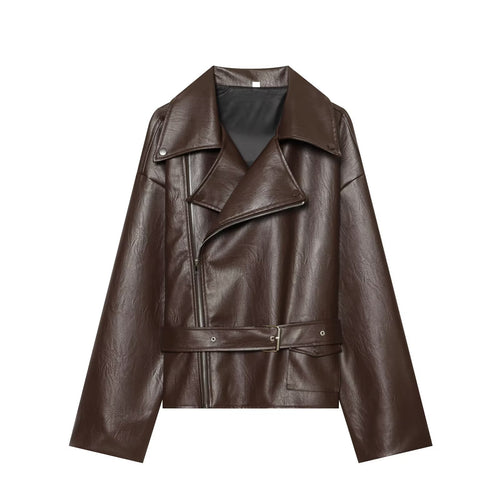 Damen Oversized Bikerjacke aus Kunstleder mit taillierendem Gürtel und asymmetrischem Reißverschluss Nord Taschen