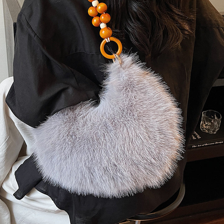 Damen Plüsch-Handtasche mit eleganten Holzgriffen Nord Taschen