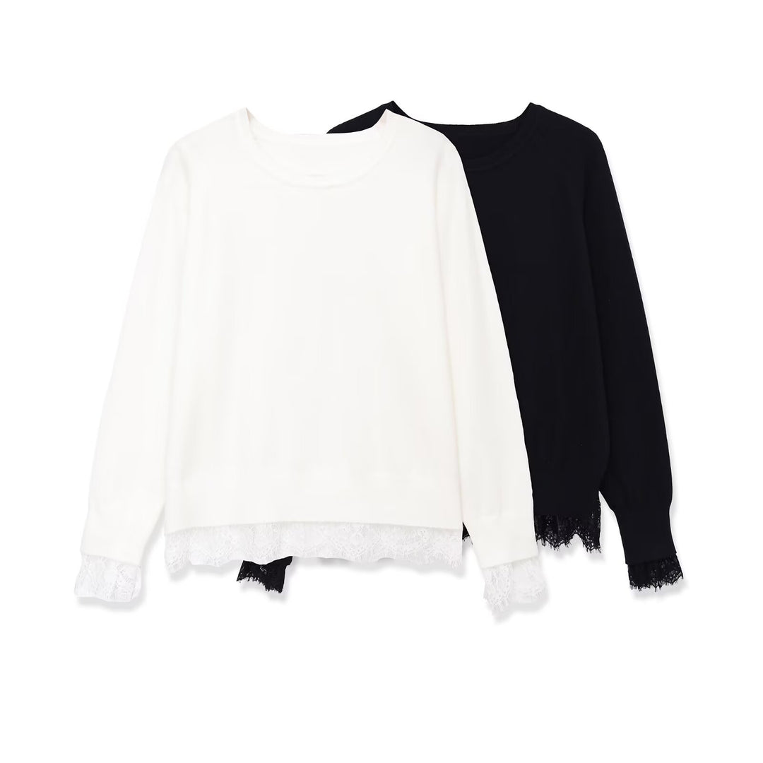 Damen Oversize Baumwollpullover mit Spitzenbesatz Nord Taschen
