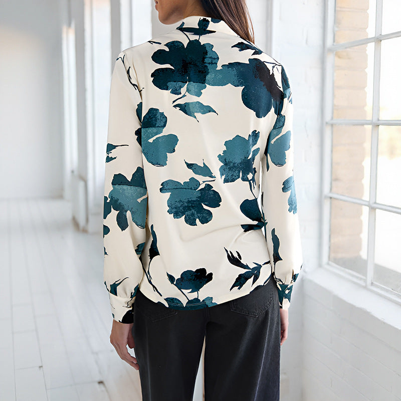 Damen Viskosebluse mit floralem Aquarellprint, V‑Ausschnitt und Manschetten Nord Taschen