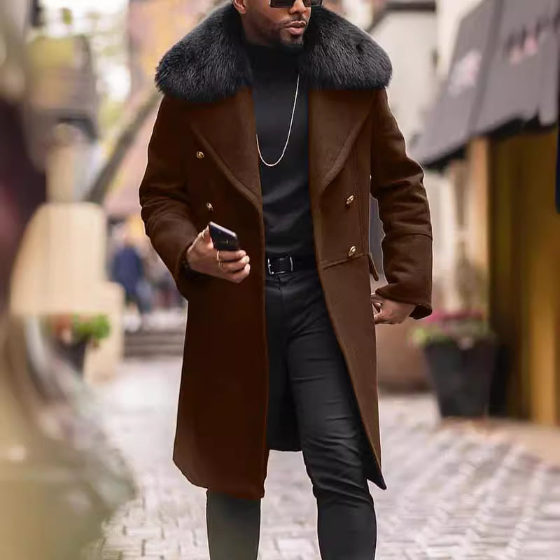 Herren Doppelreihiger Wollübermantel mit voluminösem Schafsfellkragen und goldenen Zierknöpfen Nord Taschen