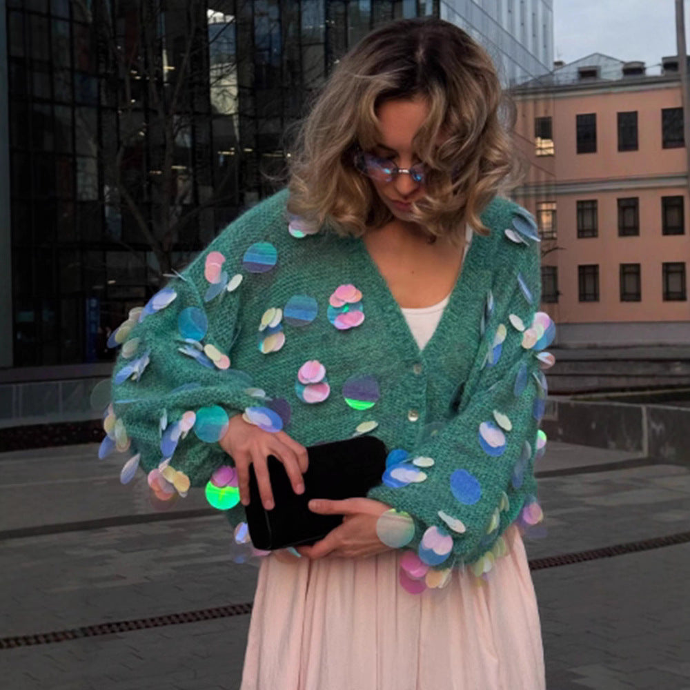 Damen Grobgestrickter Mohair-Cardigan mit übergroßen Pailletten und kastiger Silhouette Nord Taschen