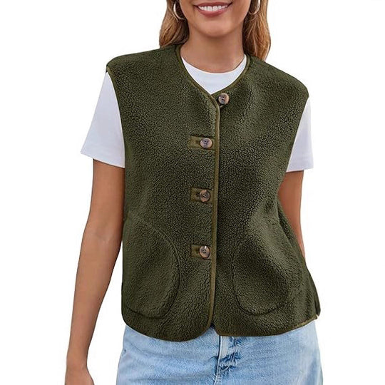 Damen Teddy-Fleeceweste mit Knopfleiste und Eingrifftaschen Nord Taschen