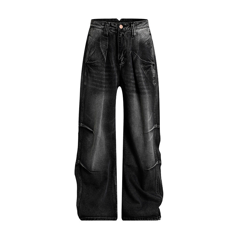 Damen High‑Waist Weite Denim‑Palazzo‑Jeans mit Cargo‑Paspeln und Used‑Waschung Nord Taschen