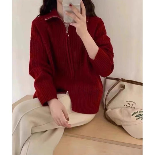 Damen Kastiger Zopfstrick‑Cardigan mit Zweiwege‑Reißverschluss, Stehkragen und breitem Rippsaum Nord Taschen