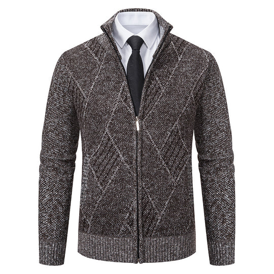Herren Feinstrick-Zipjacke mit strukturierter Rautenoptik, Stehkragen und durchgehendem Reißverschluss Nord Taschen