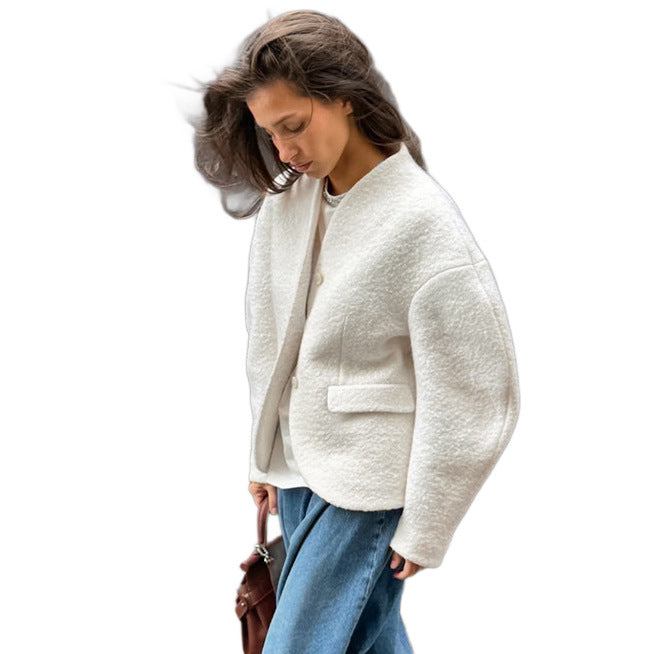 Damen Kurzjacke im Bouclé-Stil mit Oversize-Ärmeln und Pattentaschen Nord Taschen