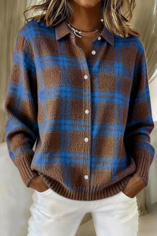 Damen Kariertes Strick-Hemdjacke-Cardigan mit Hemdkragen und gerippten Bündchen Nord Taschen