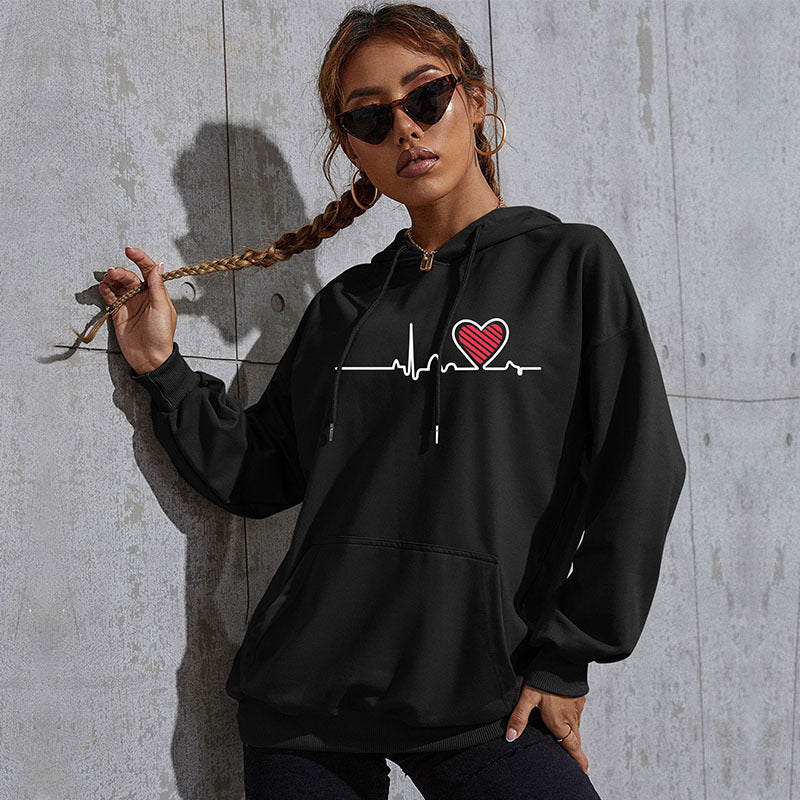 Damen Oversize-Kapuzenpullover mit Herz-EKG‑Print und Kängurutasche Nord Taschen