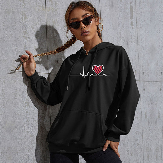 Damen Oversize-Kapuzenpullover mit Herz-EKG‑Print und Kängurutasche Nord Taschen