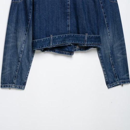 Damen Kurze Denim-Bikerjacke mit Gürtel und asymmetrischem Reißverschluss Nord Taschen