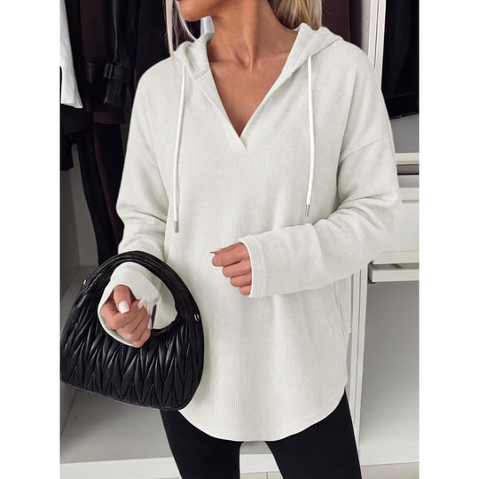 Damen Waffelstrick-Kapuzenpullover mit V-Ausschnitt, Oversize-Schnitt und Seitenschlitzen Nord Taschen