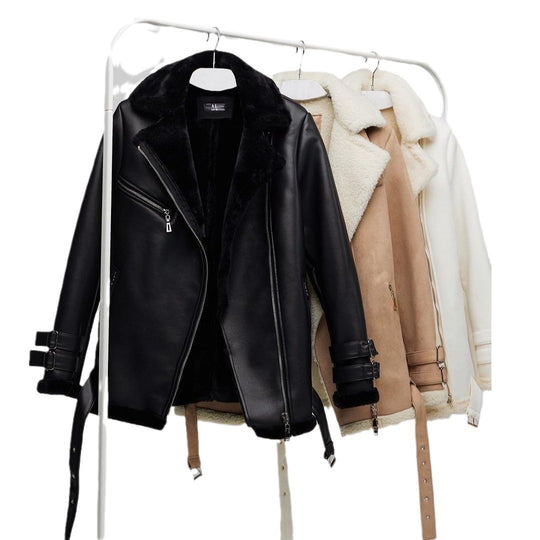 Damen Oversized Kunstleder-Fliegerjacke mit Teddyfell-Futter und Schnallen Nord Taschen